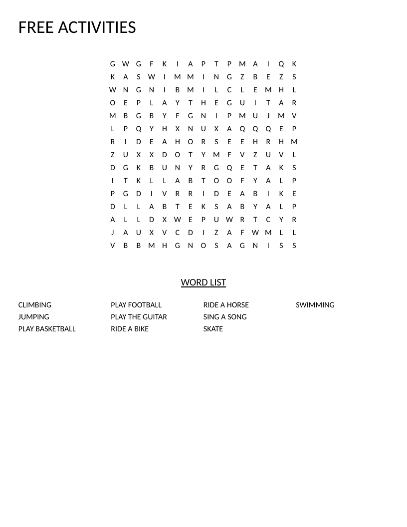 Activities word search with sports words including swimming, skateboarding, and playing basketball.