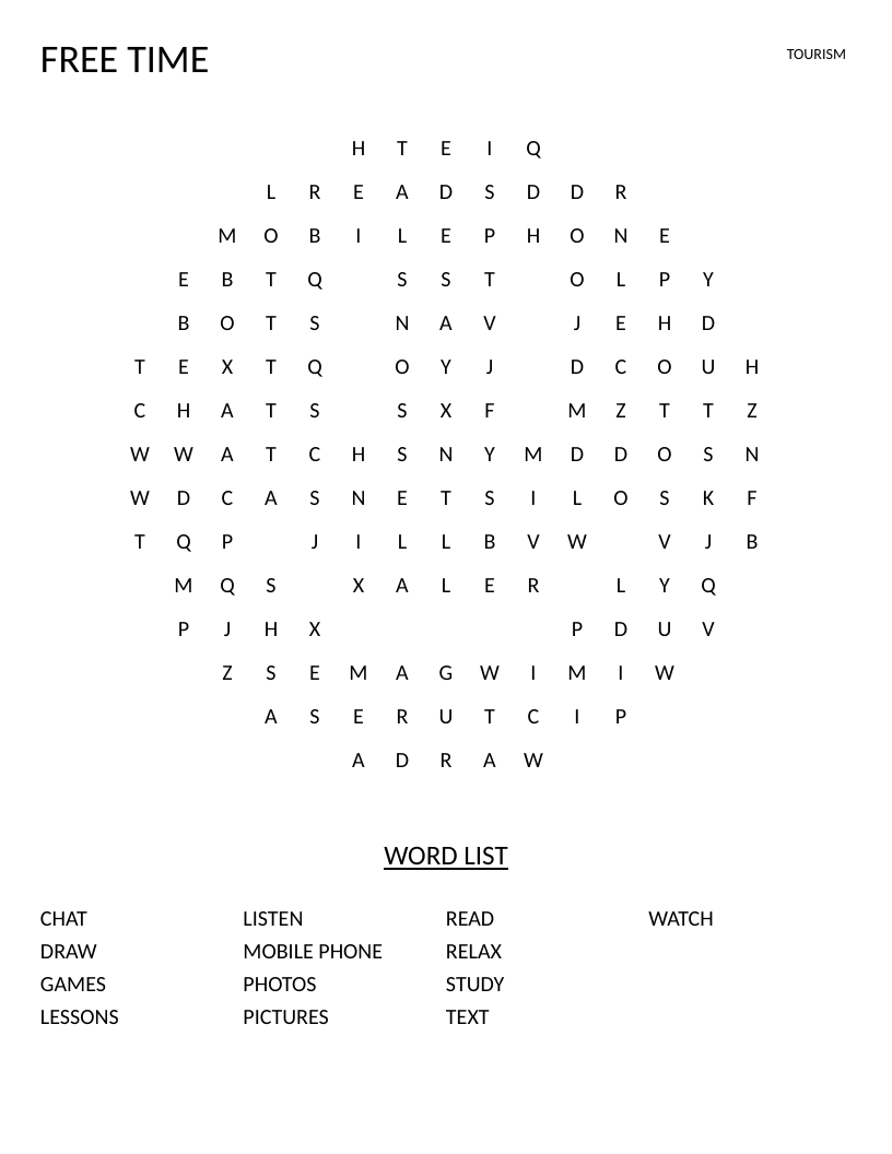 Smiley-shaped free-time word search with words like games, photos, chat, and relax.