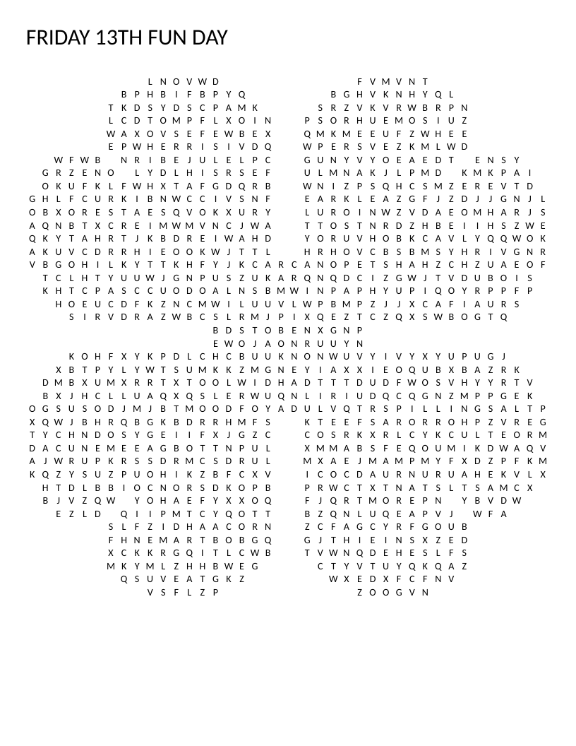 Clover-shaped Friday the 13th word search with superstition words like black cat and horseshoe.
