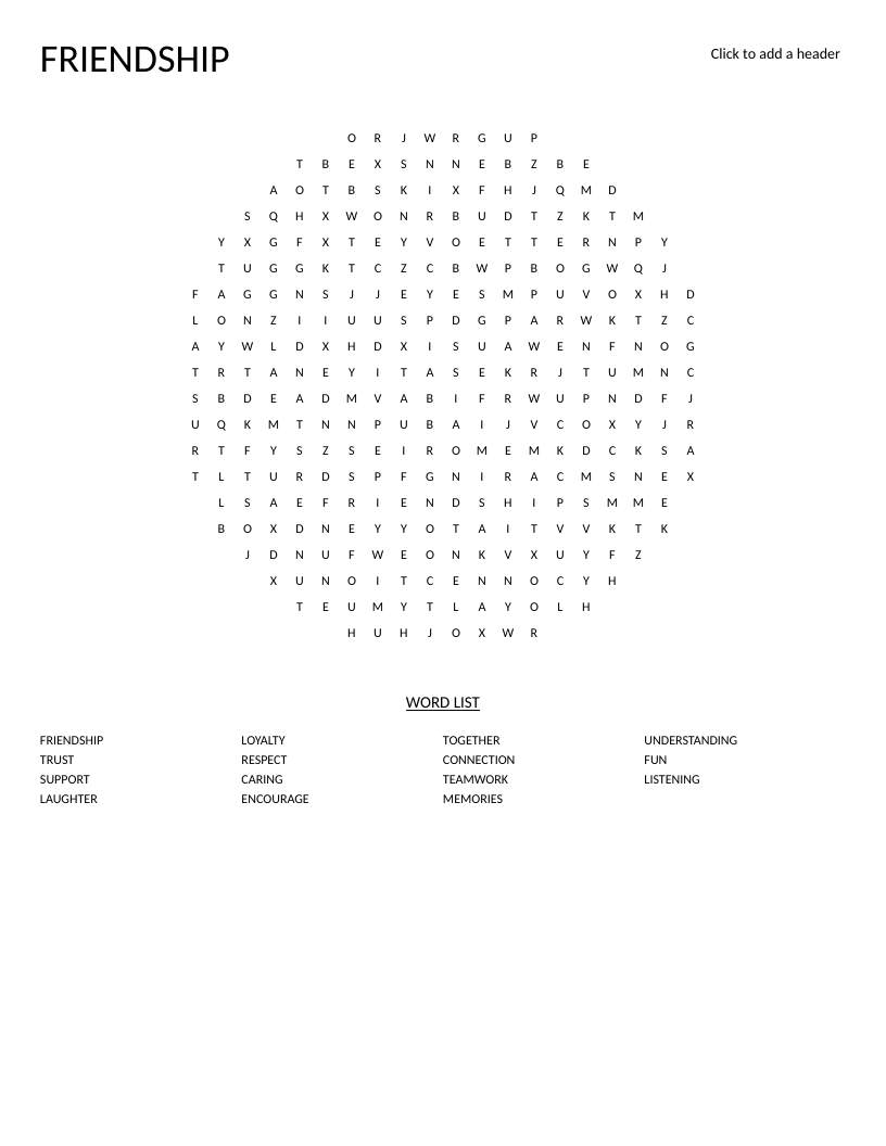 Circle-shaped friendship word search with words like trust, loyalty, laughter, and teamwork.