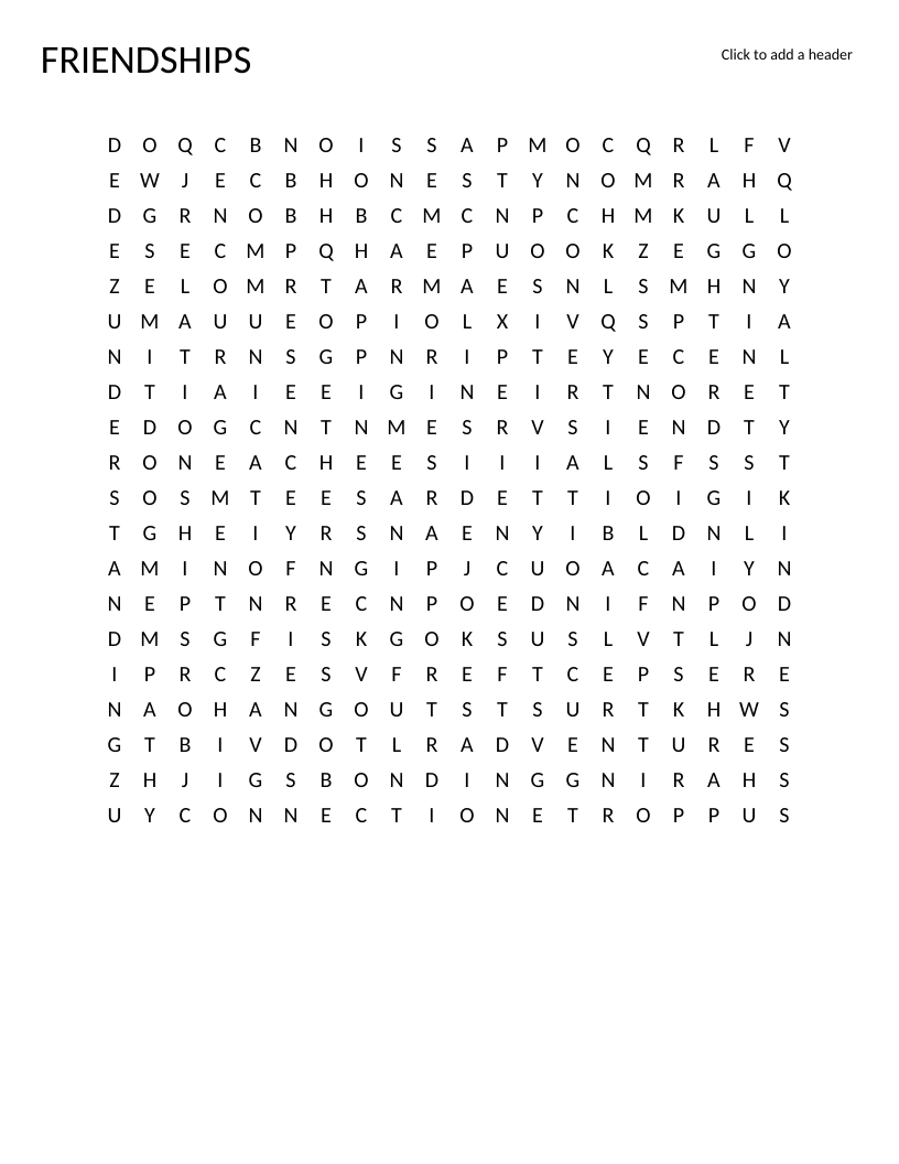 Friendships word search with words like trust, loyalty, empathy, and compassion.