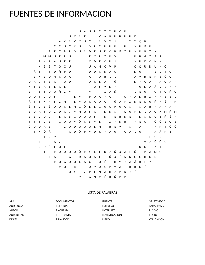 Spanish information sources word search with smiley-face shape, featuring words like plagio and validación.