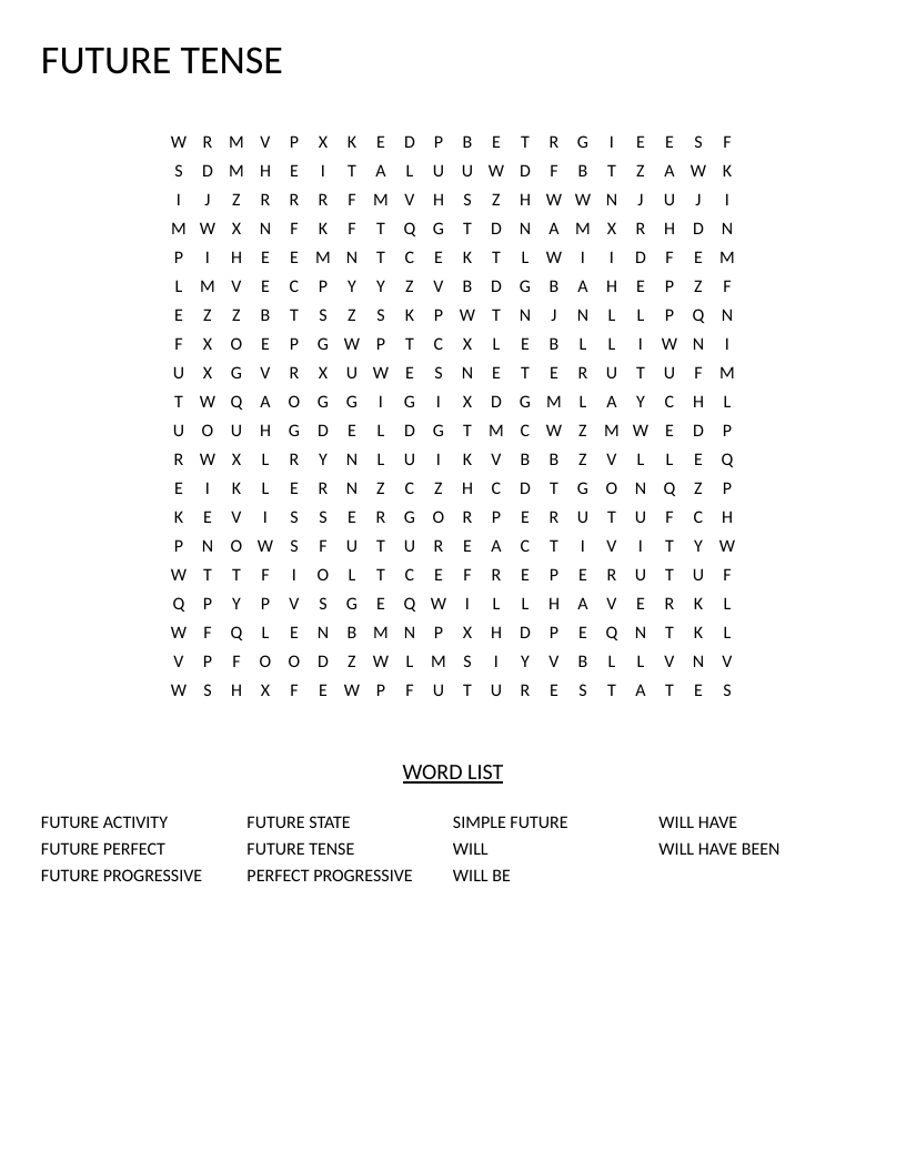 Future tense word search with verb forms including will, simple future, and future perfect.