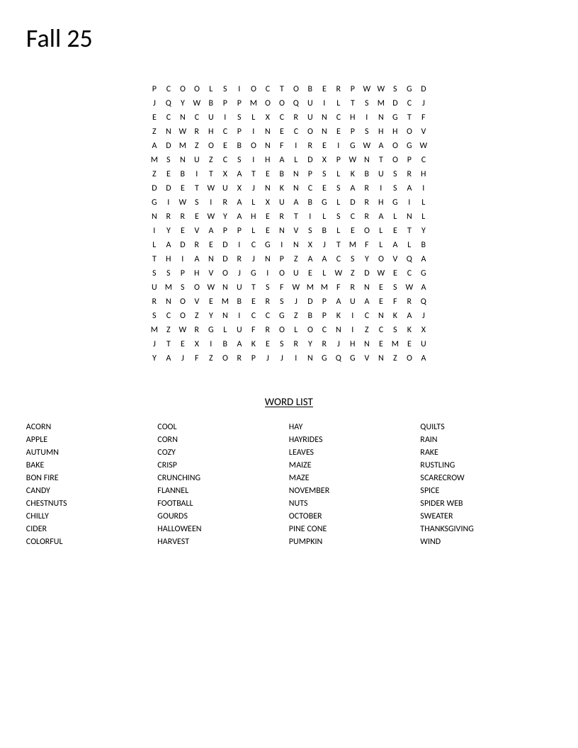 Fall word search with autumn words like pumpkin, Thanksgiving, Halloween, and harvest.
