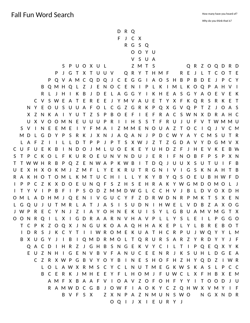 Pumpkin-shaped fall word search with words like harvest, migration, and cinnamon.