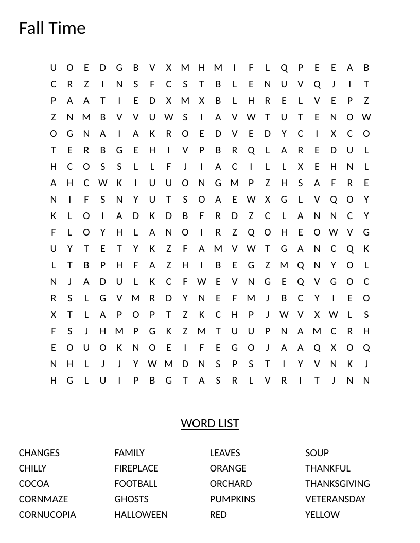 Fall word search with autumn words like Halloween, Thanksgiving, pumpkins, and leaves.