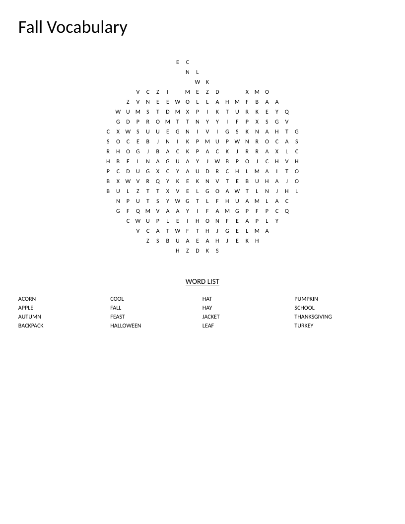 Pumpkin-shaped fall vocabulary word search with words like Thanksgiving, Halloween, and acorn.