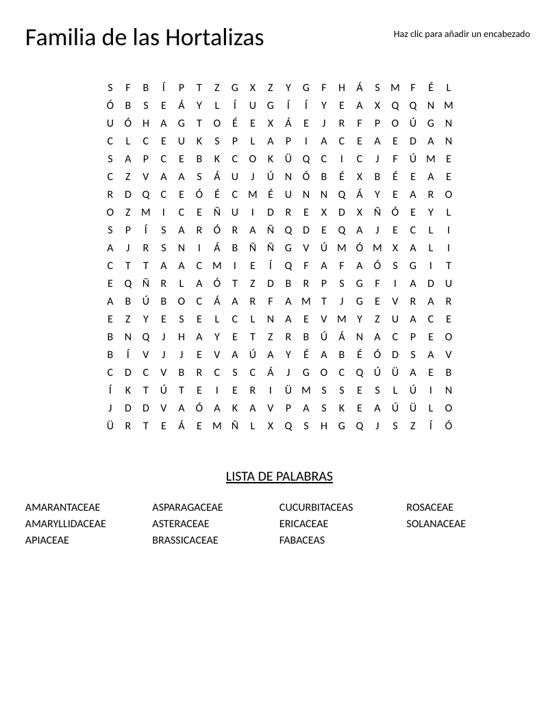 Spanish word search showing plant families including Brassicaceae, Solanaceae, and Cucurbitaceae.