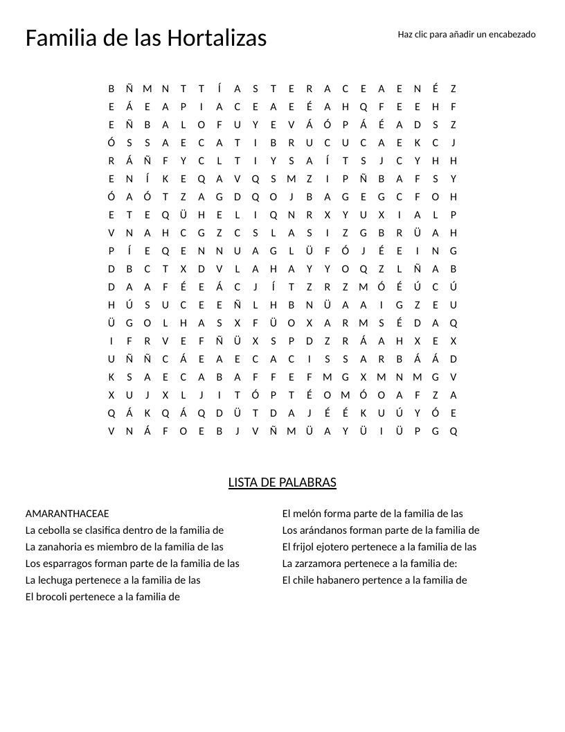 Spanish plant families word search with botanical terms like Solanaceae and Brassicaceae.