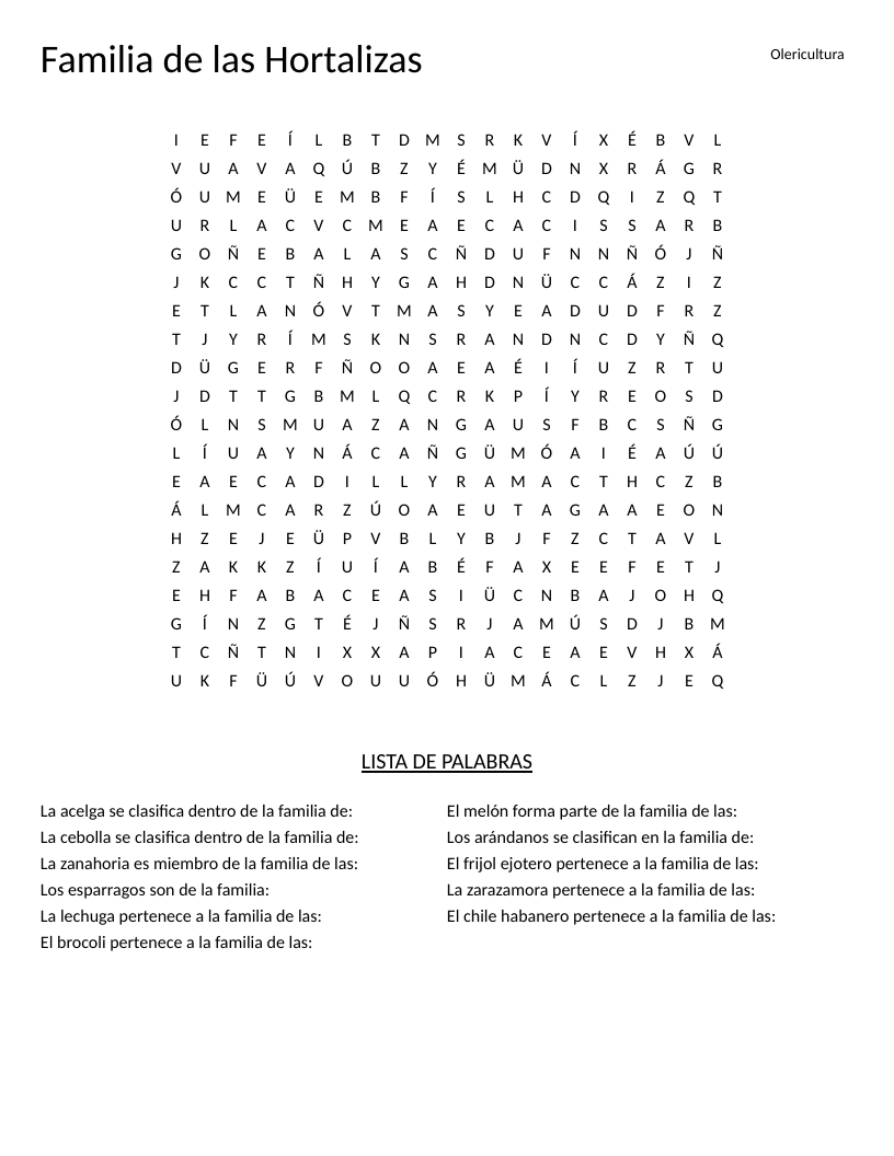 Spanish plant families word search with botanical terms like Solanaceae and Brassicaceae.