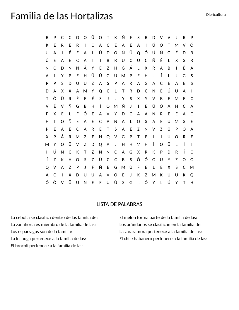 Spanish plant families word search with botanical terms like Solanaceae and Brassicaceae.