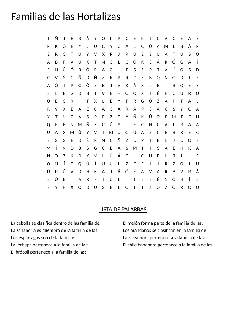 Spanish botanical word search with vegetable plant families like Brassicaceae and Solanaceae.
