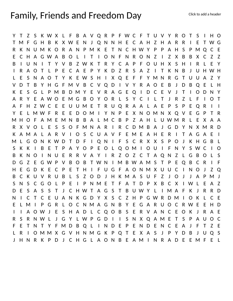 Juneteenth word search with 50 words on emancipation, civil rights, and African American history.