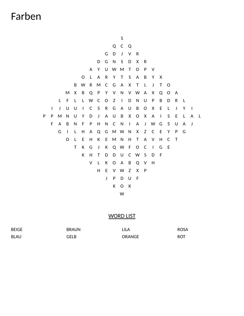 Diamond-shaped German colors word search with rot, blau, gelb, and orange.