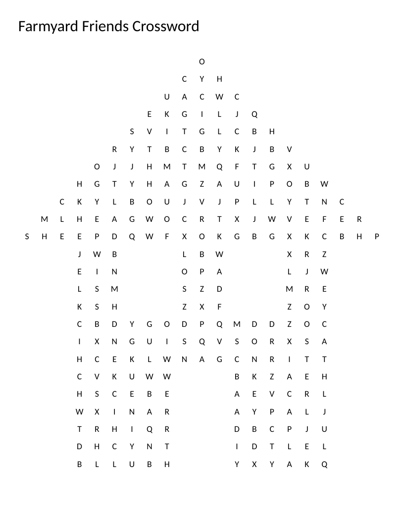 House-shaped farm animals word search with words like cow, chicken, horse, and rooster.