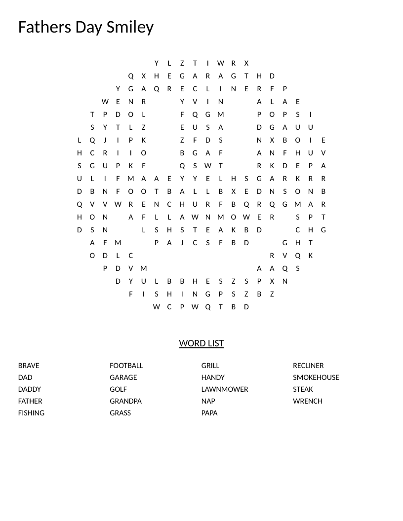 Smiley-shaped Father's Day word search with words like grill, fishing, and football.