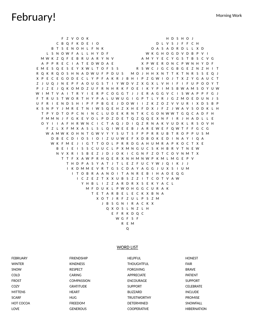 Heart-shaped February word search with winter and kindness words like snow, friendship, and compassion.