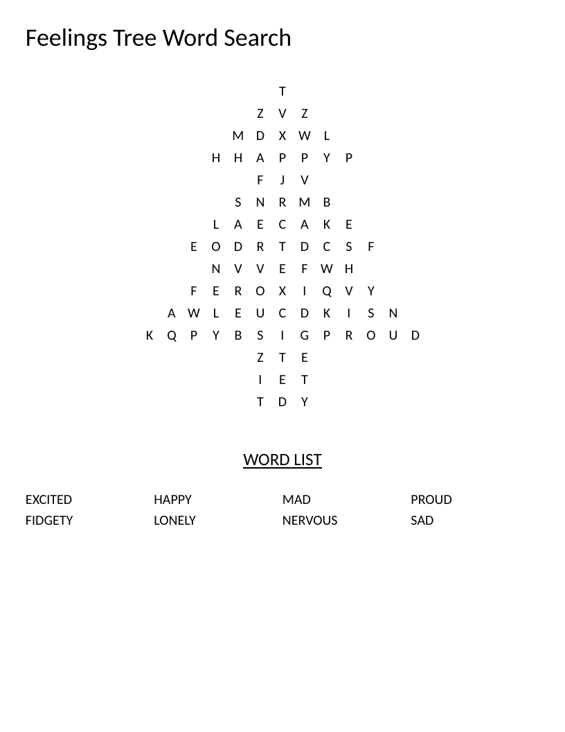 Tree-shaped word search with emotion words like happy, sad, excited, and nervous.