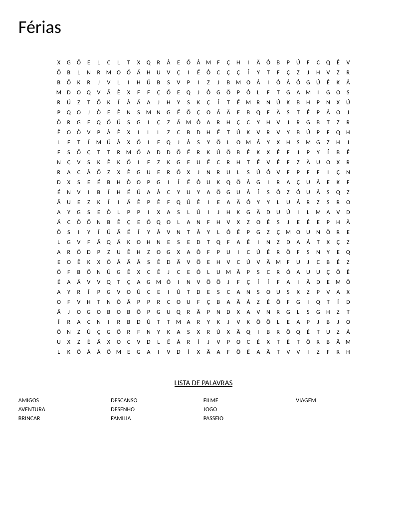 Portuguese férias (vacation) word search with words like passeio, descanso, and viagem.