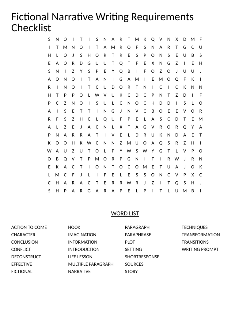 Fictional narrative writing word search with story elements like character, plot, conflict, and hook.