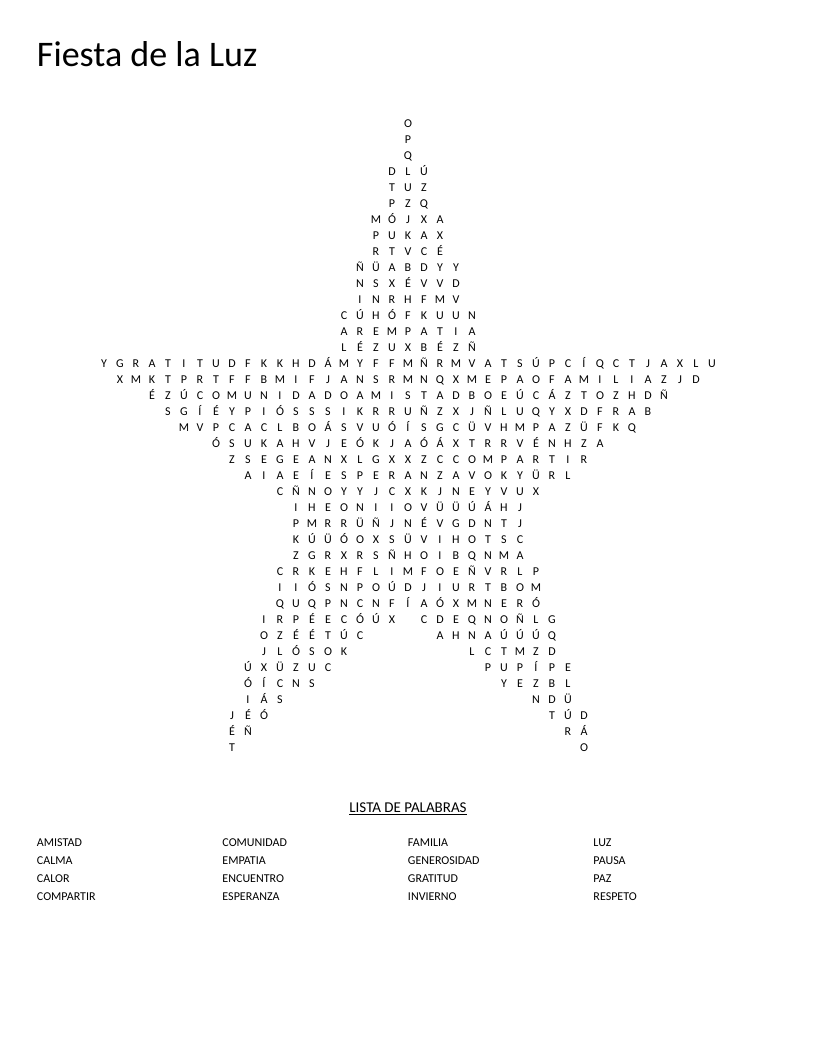 Star-shaped Spanish word search about Fiesta de la Luz with words like luz, esperanza, and paz.