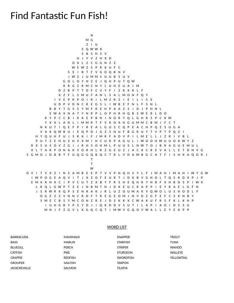 Boat-shaped fish word search with names like salmon, tuna, swordfish, and marlin.