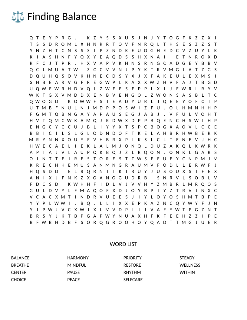 Wellness word search with 15 words on balance, mindfulness, and self-care like harmony and restore.