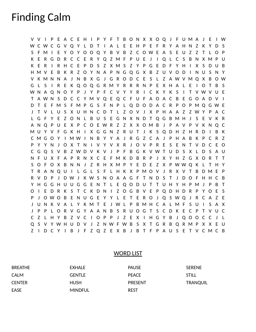 Mindfulness word search with calm words: breathe, serene, mindful, tranquil.