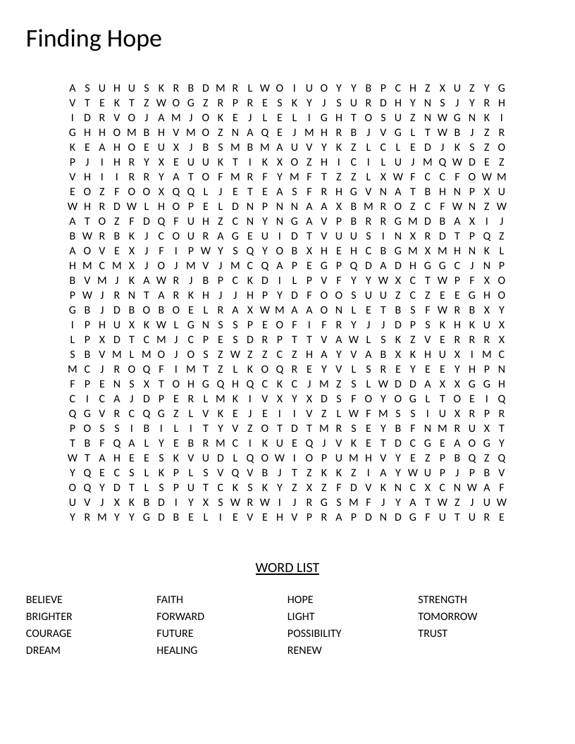 Finding Hope word search with words like courage, faith, healing, and strength.