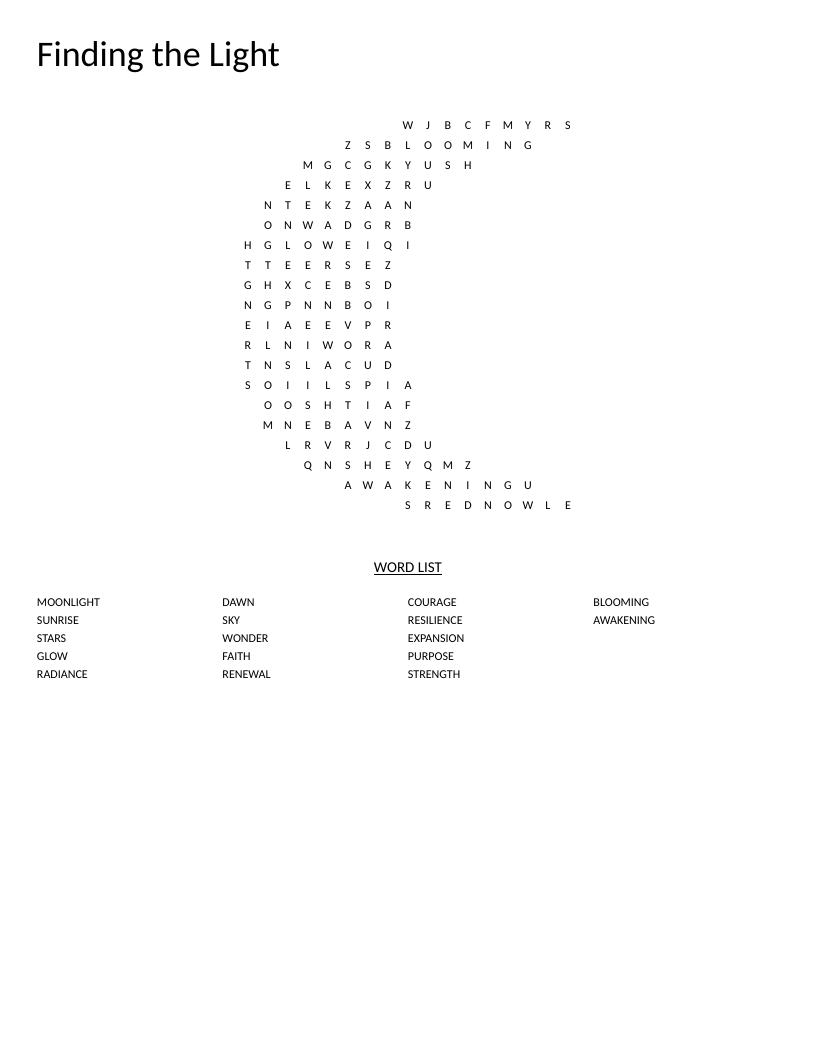 Moon-shaped word search with inspirational words like courage, renewal, and starlight.