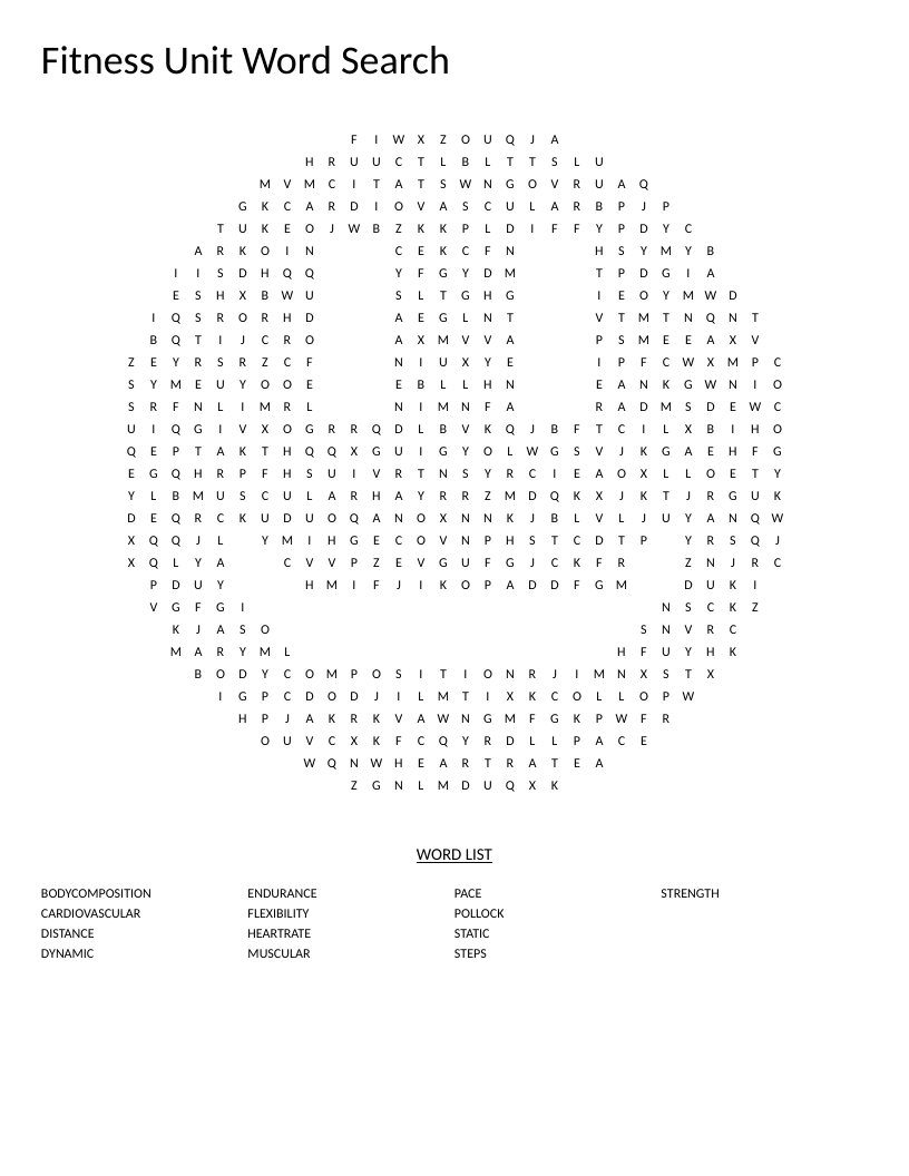 Smiley-face fitness word search with vocabulary including cardiovascular, flexibility, and endurance.