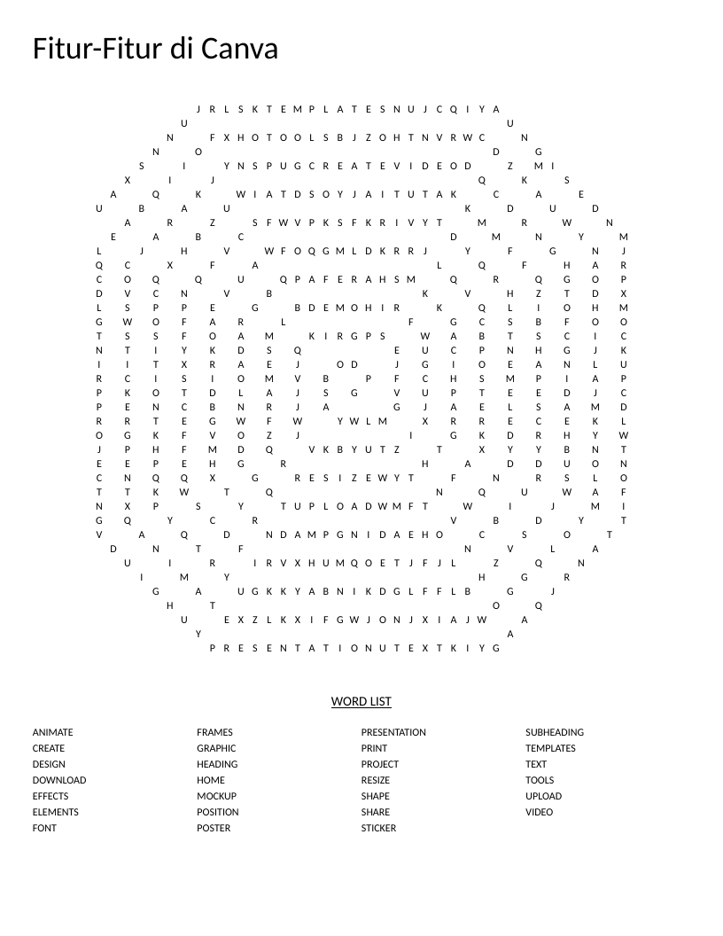 Spiral-shaped Indonesian Canva word search with design vocabulary like template, animate, and graphic.
