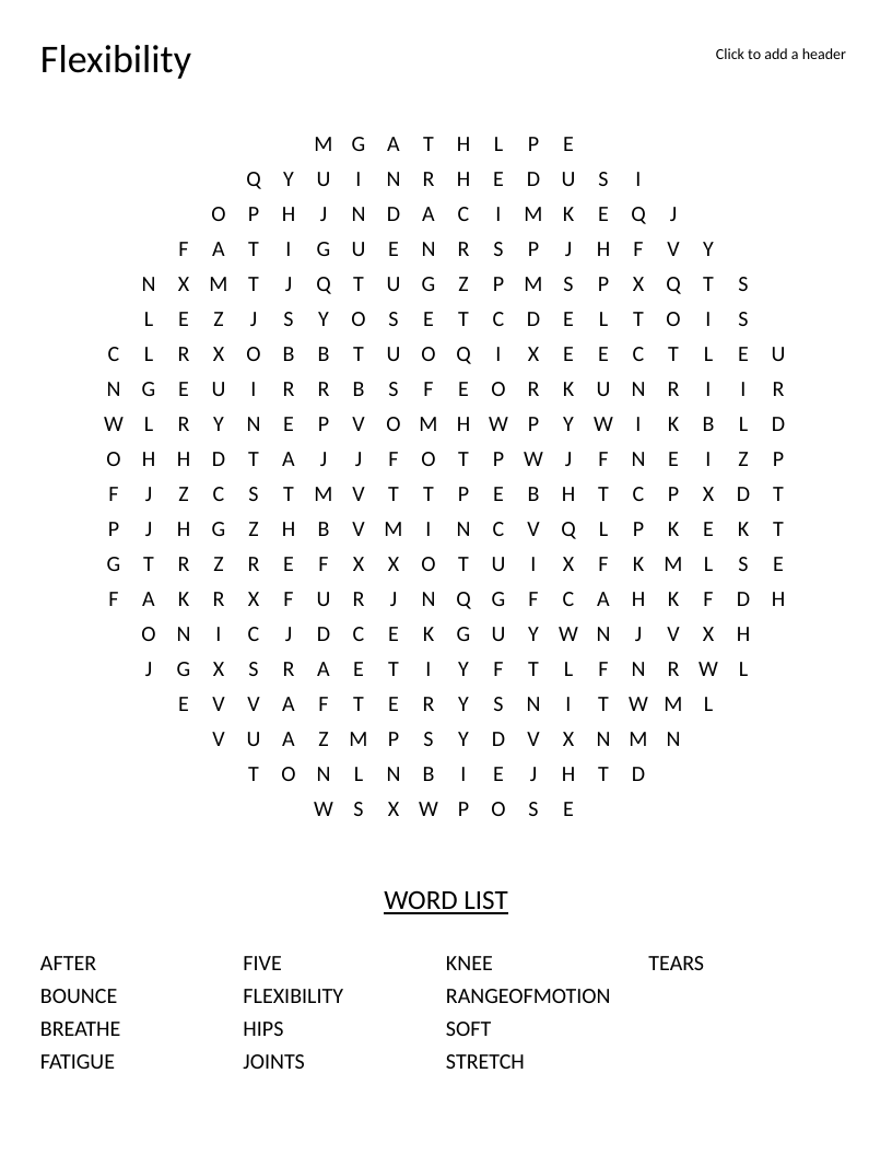 Circle-shaped flexibility word search with words like joints, stretch, and range of motion.