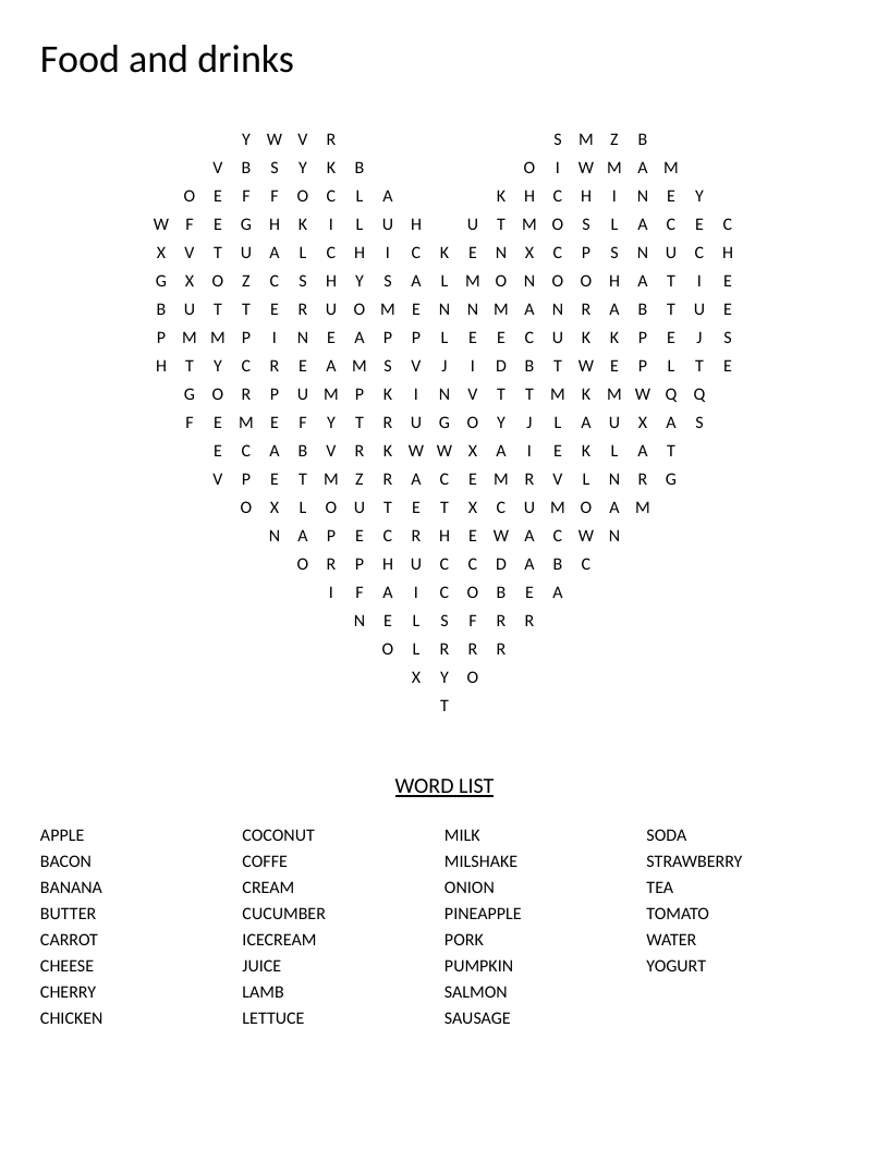Heart-shaped food and drinks word search with apple, strawberry, juice, and salmon.
