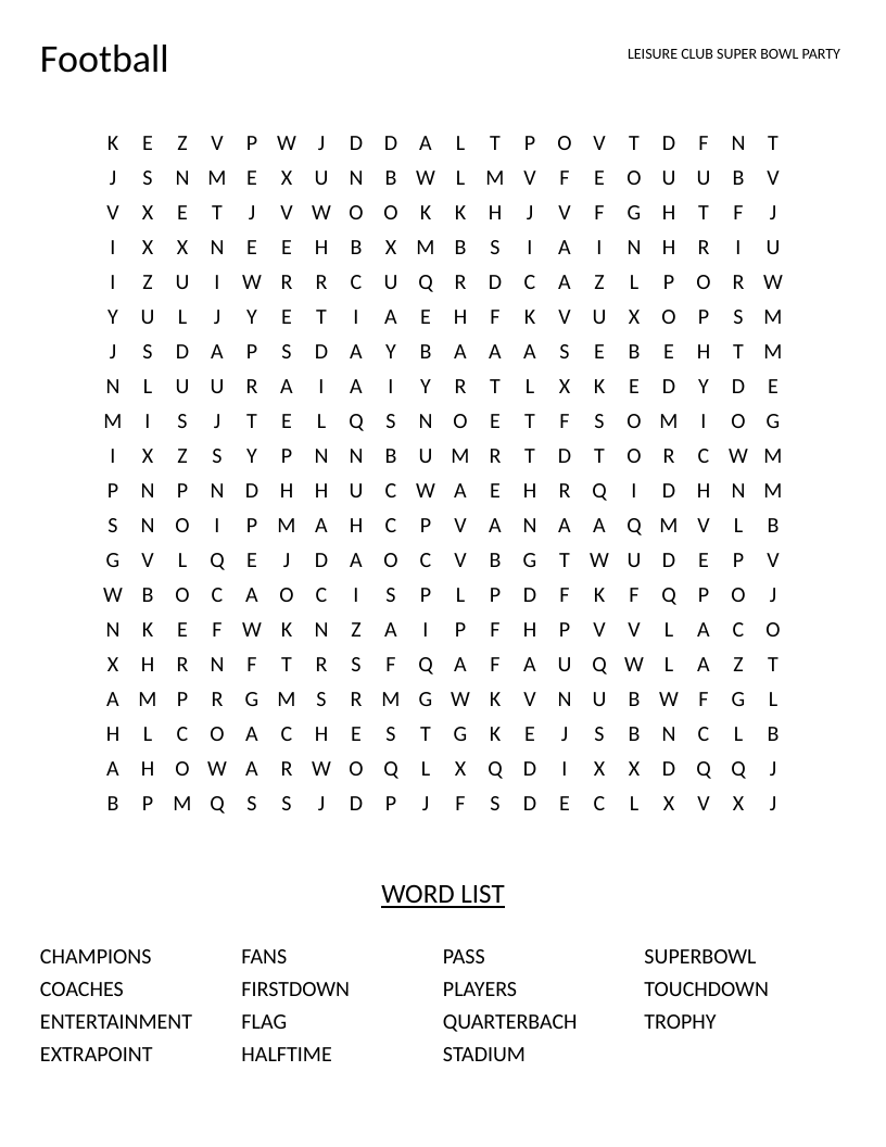 Football word search with words like touchdown, quarterback, Super Bowl, and stadium.