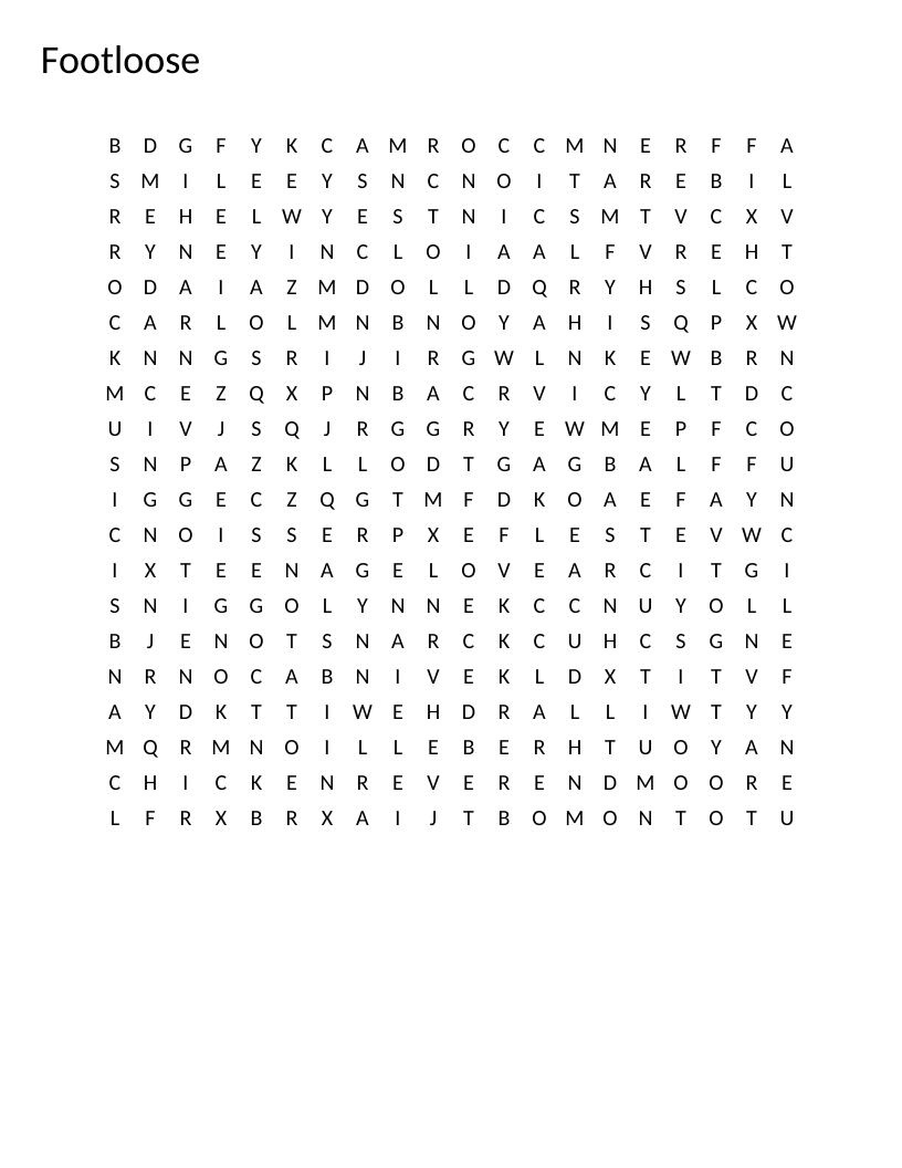 Footloose movie word search with Kevin Bacon, Ren McCormack, and dance-themed words.