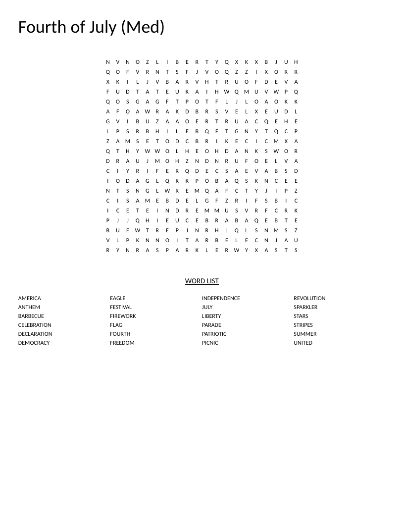 Fourth of July word search with words like fireworks, liberty, and independence.