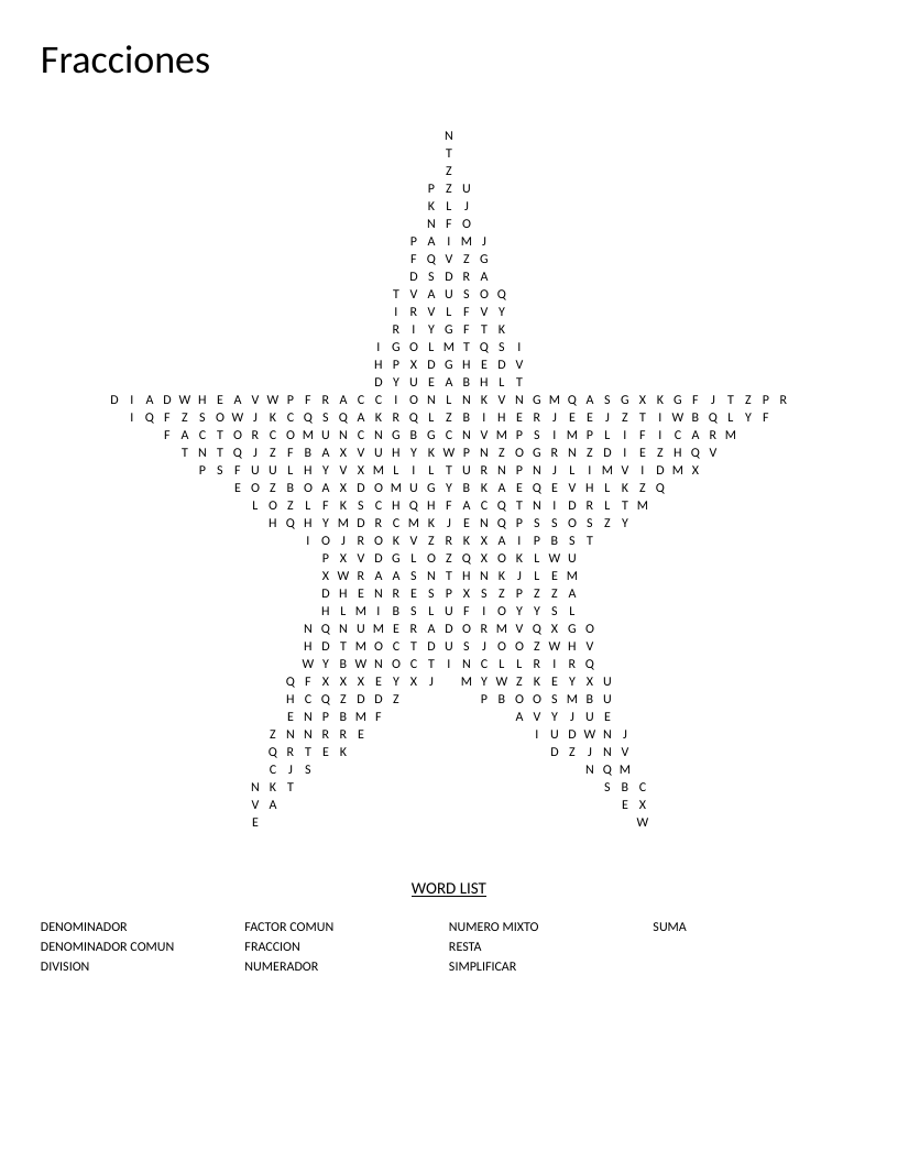 Star-shaped Spanish fractions word search with terms like numerador and denominador.