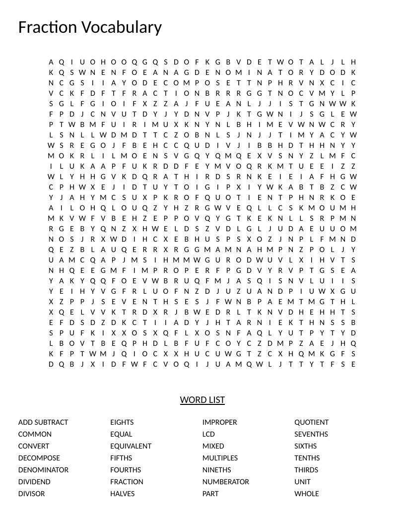 Fraction vocabulary word search with math terms like numerator, denominator, and equivalent.