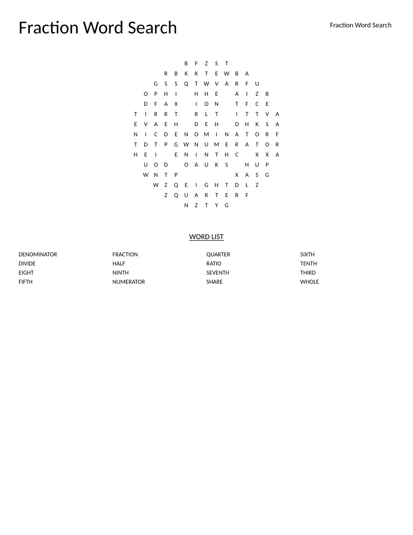 Smiley-shaped fraction word search with words like numerator, denominator, and quarter.