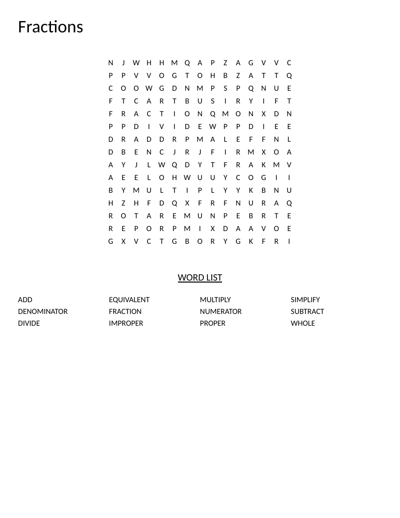 Fractions word search with math vocabulary like numerator, denominator, and equivalent.