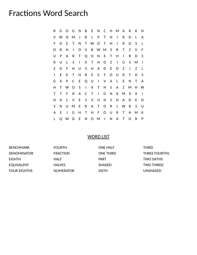 Fractions word search puzzle with math vocabulary like numerator, denominator, and equivalent.