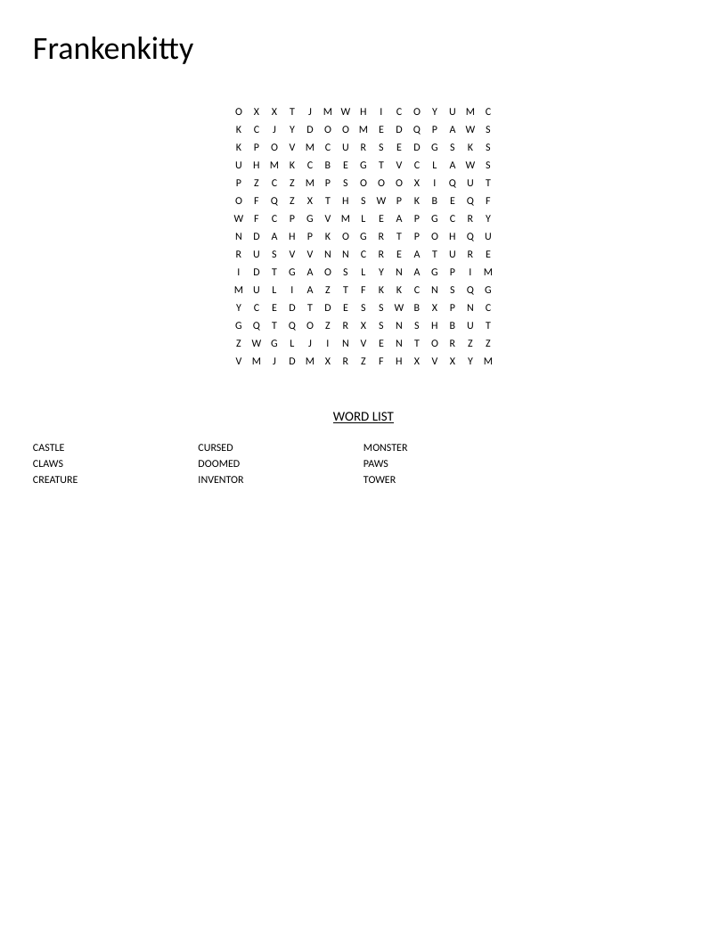 Frankenkitty word search with Halloween words including monster, creature, and castle.