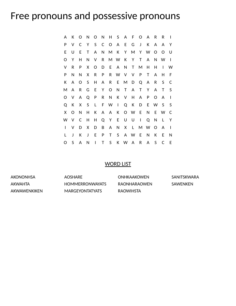 Mohawk language word search with 11 pronouns and possessive pronouns.
