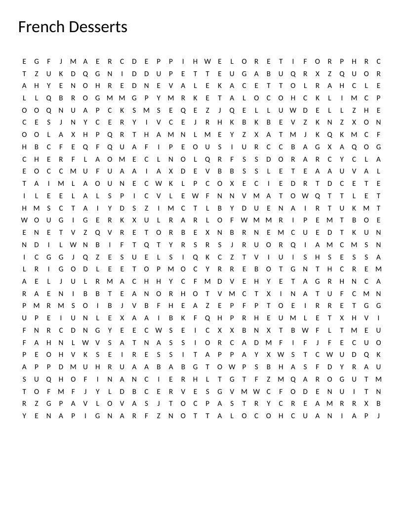 French desserts word search with pastry and chocolate vocabulary like macaron, croissant, and crème brûlée.