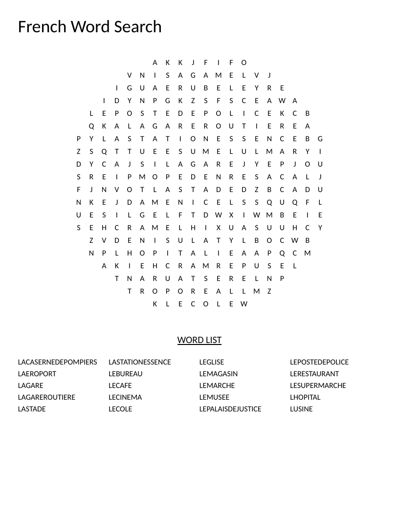 French circle word search with city locations like école, musée, and restaurant.