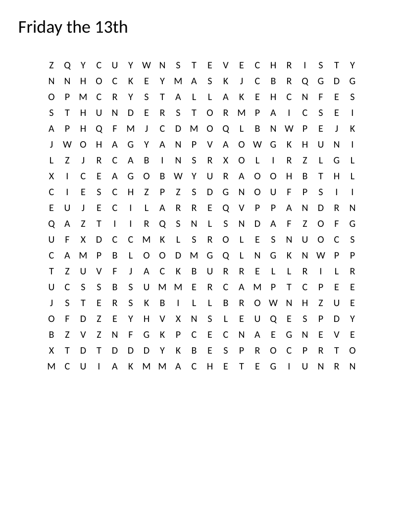 Friday the 13th word search with horror film words like Jason, Crystal Lake, and hockey mask.