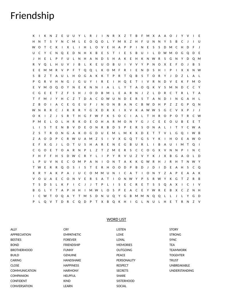 Friendship word search with vocabulary about trust, loyalty, communication, and sisterhood.