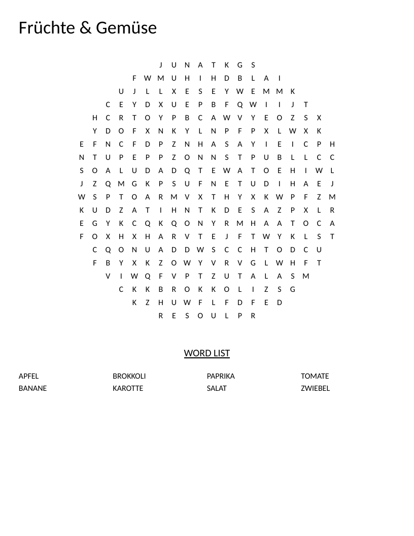 Circle-shaped German fruit and vegetable word search with Apfel, Karotte, Tomate, and Brokkoli.