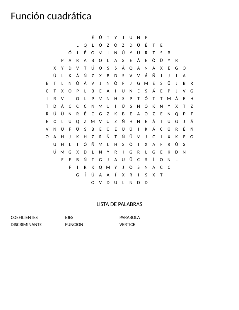 Circle-shaped Spanish quadratic function word search with algebra terms including parábola and vértice.